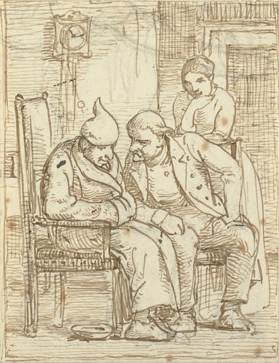 Deux hommes en conversation, le vieil homme à gauche avec un bonnet de nuit. Aussi une femme - Wilhelm Marstrand
