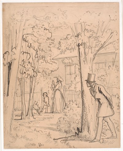 Jeune homme observant dans le jardin les actions de son aimé (en cachette) - Wilhelm Marstrand