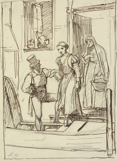 Jeune fille et vieille femme aidées par un homme à descendre dans une gondole - Wilhelm Marstrand