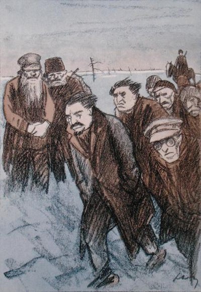 Caricature de Léon Trotsky (1879-1940) en Sibérie, du magazine 
