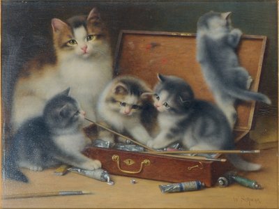 Chatte et ses chatons jouant dans une boîte de peinture - Wilhelm Schwar