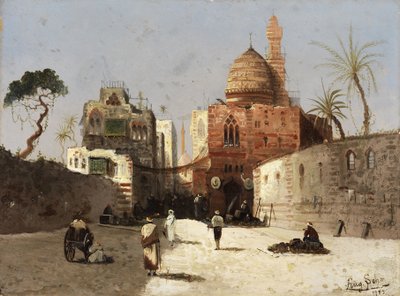 Scène de rue orientale avec mosquée, minaret et marchands sur une place. - Wilhelm Sohn