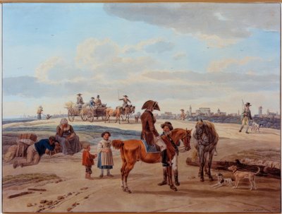Cavaliers, paysans et chariot devant une ville - Wilhelm von Kobell