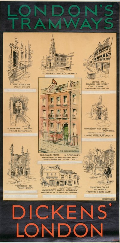 Londres de Dickens, affiche des tramways du London County Council LCC, 1930 - Will Owen