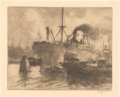 Navires amarrés dans le port de Rotterdam - Willem Adrianus Grondhout (signed by artist)