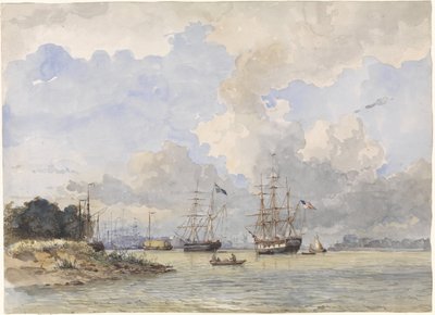 Maas devant Rotterdam, avec un navire américain et suédois - Willem Anthonie van Deventer