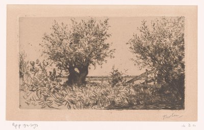 Paysage avec prairie, saules têtards et clôture - Willem Bastiaan Tholen (signed by artist)