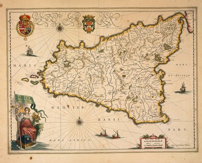 Carte de la Sicile, par Willem Blaeu, du Regionum Italiae, gravure - Willem Blaeu