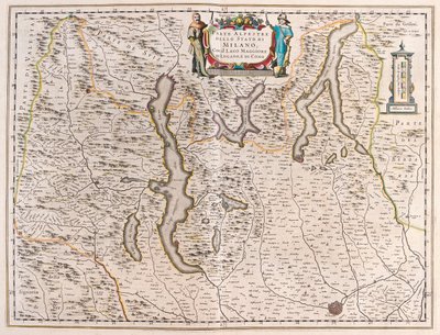 Milan, avec les lacs : Maggiore, Lugano et Como, Italie-Suisse - dans "Theatrum Orbis Terrarum, sive Atlas Novus" de Willem Blaeu, Amsterdam - Willem Blaeu