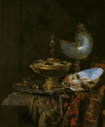Magnifique nature morte avec bol Holbein, nautile et coupe en verre et bol de fruits - Willem Kalf
