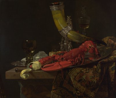 Nature morte avec la corne à boire de la guilde des archers de Saint-Sébastien, homard et verres, vers 1653 - Willem Kalf