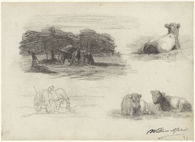 Quatre esquisses de charrettes de foin et de vaches - Willem Maris
