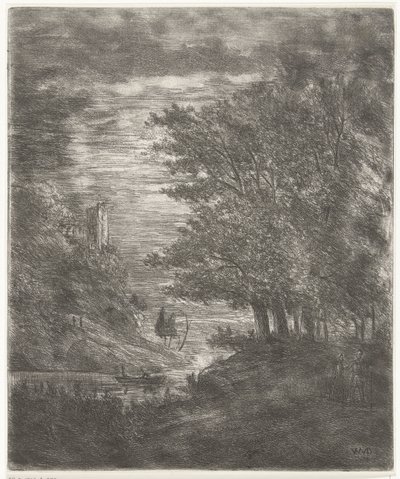 Paysage vallonné avec ruine et bateau sur l