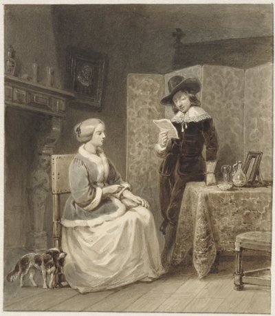 Intérieur historique avec femme assise et homme debout lisant - Willem Pieter Hoevenaar