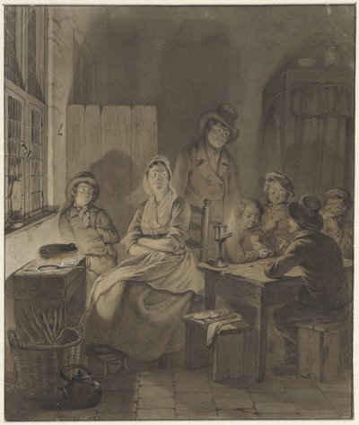 Intérieur avec groupe de personnes autour d