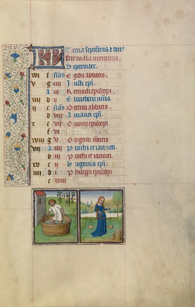 Page du calendrier de septembre ; Faire du vin ; Balance - Willem Vrelant