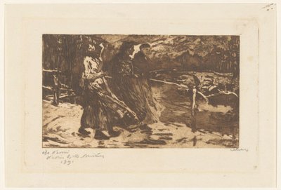 Trois femmes sur un pont sous la pluie et le vent - Willem Witsen (signed by artist)