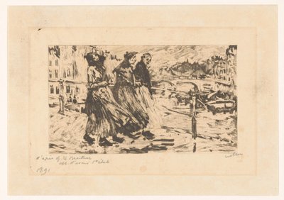Trois femmes sur un pont sous le vent et la pluie - Willem Witsen (signed by artist)