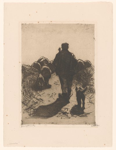 Berger avec chien derrière son troupeau - Willem Witsen (signed by artist)