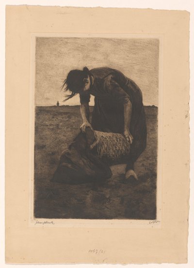 Femme récoltant des pommes de terre avec un panier et un sac - Willem Witsen (signed by artist)
