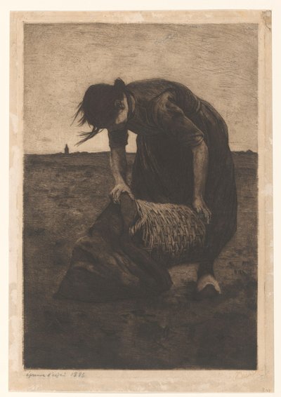 Ramasseuse de pommes de terre penchée avec un panier et un sac - Willem Witsen (signed by artist)