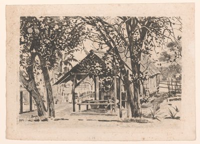 Bâtiment annexe entre deux arbres à Java - Willem Arnoldus Witsen