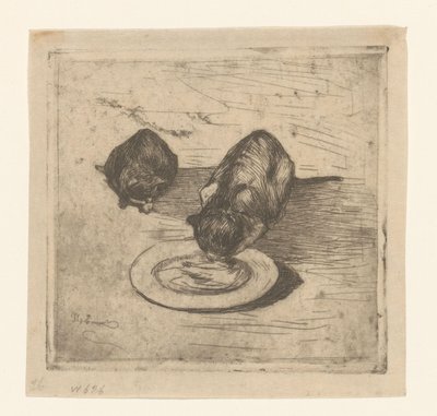 Deux chats, un buvant dans une assiette - Willem de Zwart