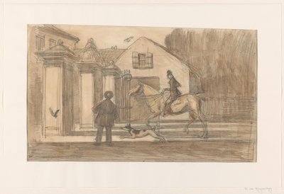 La barrière sur le chemin de Scheveningen à La Haye ; un cavalier avec un chien passant - Willem van Konijnenburg