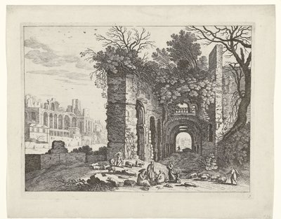 Famille reposant devant une ruine (Paysages italiens, titre de la série) - Willem van Nieulandt (II)