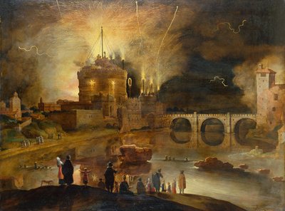 Le Castel Sant Angelo, Rome, avec des habitants regardant un feu d