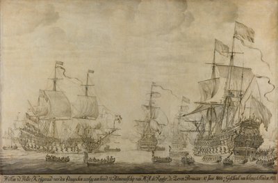 Conseil de guerre à bord du Sept Provinces, le vaisseau amiral de Michiel Adriaensz de Ruyter, 10 juin 1666, précédant la bataille des Quatre Jours : épisode de la deuxième guerre anglo-néerlandaise - Willem van de Velde (I)