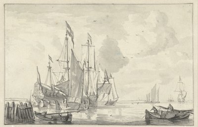 Vue de mer avec quelques navires dans des eaux calmes près de la côte - Willem van de Velde (II)