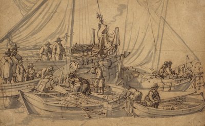 Figures à bord de petits navires marchands, vers 1650-5 (dessin à la plume, encre brune et lavis) - Willem van de Velde