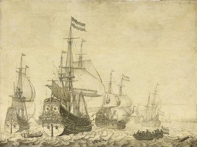 Paysage marin avec des navires de guerre néerlandais, y compris le Drenthe et le Prince Frederick-Henry, vers 1670 - Willem van de Velde