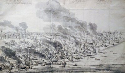 Robert Holmes incendiant la flotte hollandaise à Terschelling - Willem van de Velde the Elder