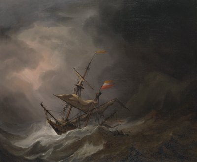 Une brigantine méditerranéenne dérivant vers une côte rocheuse lors d
