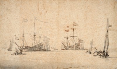 Un kaag en liberté et deux navires amiraux néerlandais au mouillage, vers 1665 - Willem van de Velde the Younger