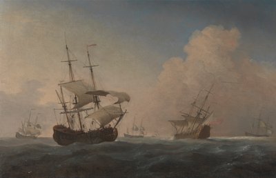 Navires de guerre anglais inclinés dans la brise au large - Willem van de Velde the Younger