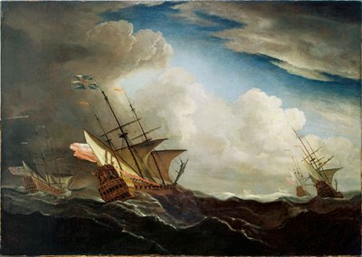 Navires anglais en mer luttant contre le vent dans une tempête - Willem van de Velde the Younger