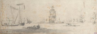 Une galiote par vent léger et plusieurs barges, vers 1681 - Willem van de the Elder Velde