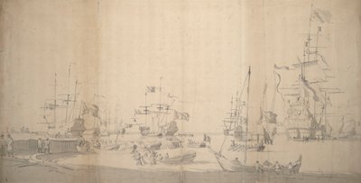 Un weyschuit tiré à terre dans un port bondé, c.1672 - Willem van de the Elder Velde