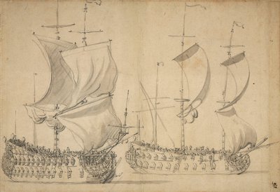Un troisième et un quatrième rang anglais sous voile, vers 1677 - Willem van de the Elder Velde