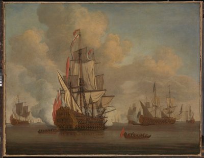 Calme : un deux-ponts anglais avec voiles lâchées tirant une salve - Willem van de the Elder Velde
