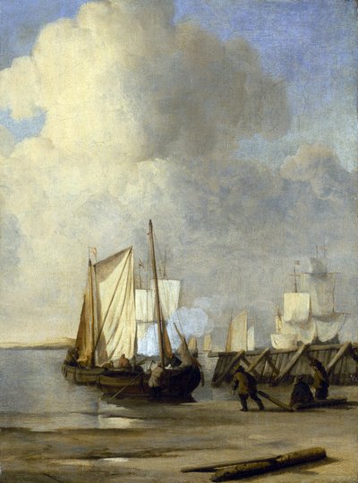 Un Kaag sur le rivage, bateau néerlandais utilisé pour la navigation intérieure - Willem van de Velde the Younger