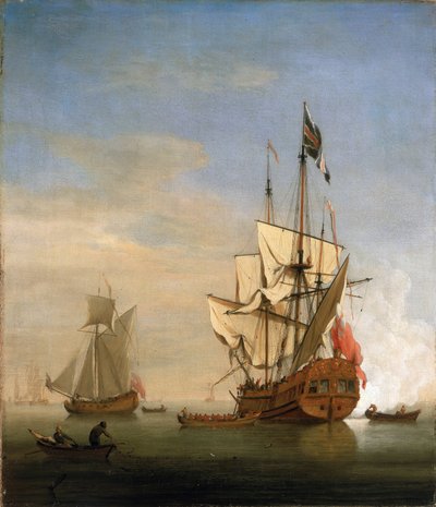 Un sixième rang, petit navire de guerre britannique, tirant le canon en salutation - Willem van de Velde the Younger