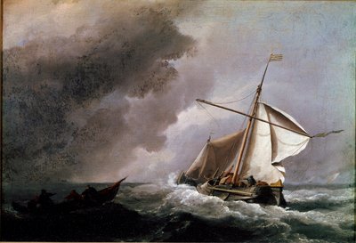 Navire hollandais abaissant les voiles en attendant un canot de sauvetage. Peinture de Willem Van de Velde le Jeune (1633-1707) vers 1660. Londres, National Gallery - Willem van de Velde the Younger