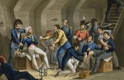 Le Cockpit, bataille du Nil, montrant Nelson blessé dans la bataille, gravé par Matthew Dubourg (fl.1813-20) de 