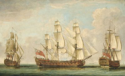 Le navire de la Compagnie [des Indes orientales] Bessborough dans trois positions dans le canal avec ses ponts bondés de gens - William (attr. to) Elliott