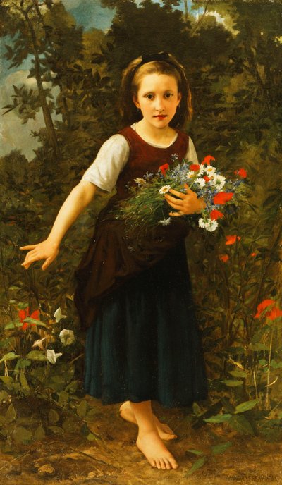 Petite fille près du ruisseau tenant une gerbe de fleurs - William Adolphe Bouguereau