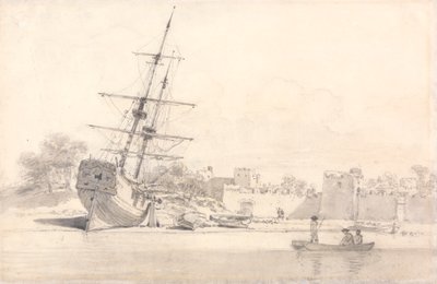 Un petit voilier tiré sur le rivage sous des bâtiments fortifiés - William Alexander